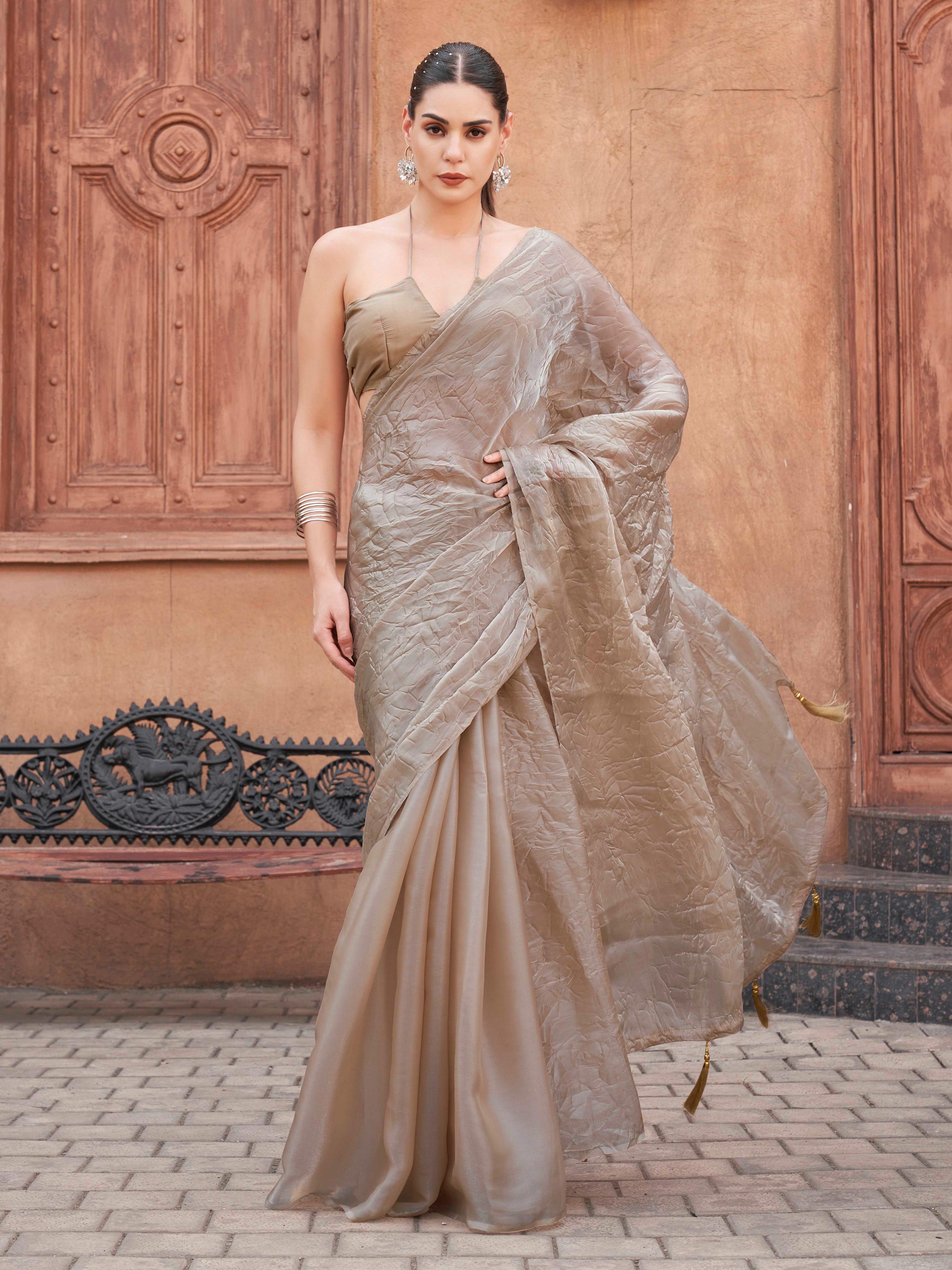 Beige colored crushed pallu burbery organza half and half saree